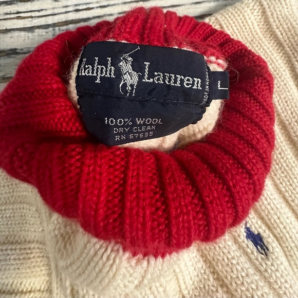 Vintage Ralph Lauren Blue Label All Wool Cream Red Turtleneck Sweater Size Large - Picture 10 of 10